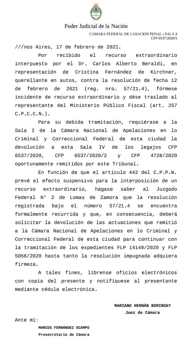 Cristina Fernández reclamó que la Corte Suprema impida que la causa pase a Comodoro Py