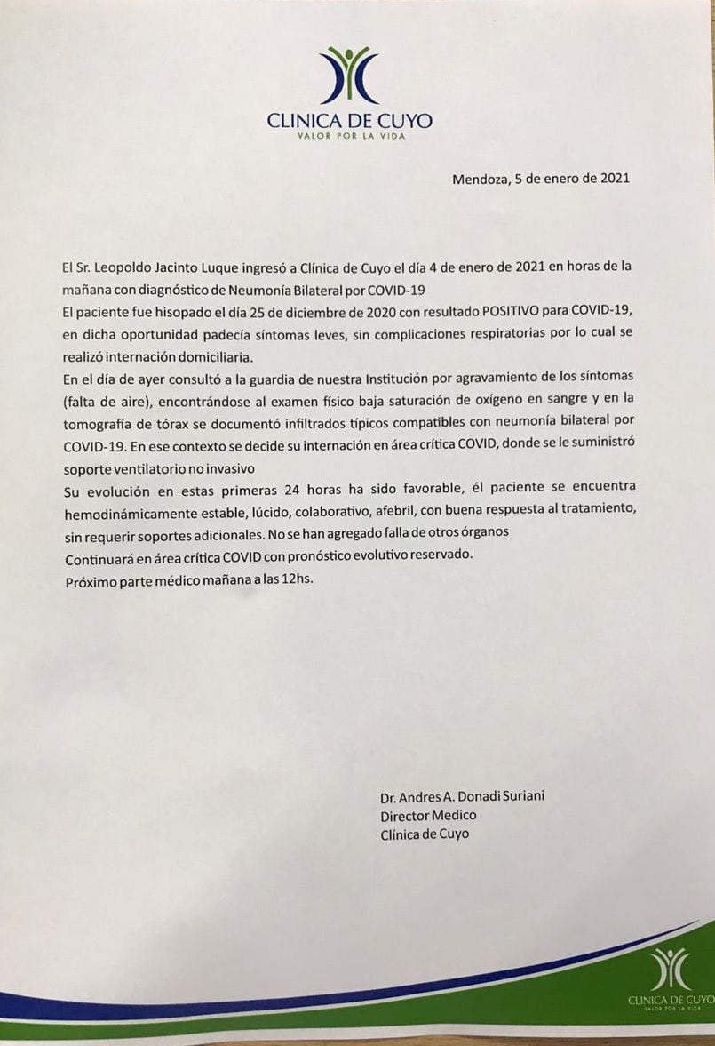 El parte médico dado a conocer hoy en la Clínica de Cuyo en donde se encuentra internado el ex jugador. Gentileza Los Andes