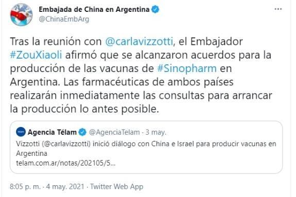 Se acordó la producción de Sinopharm en el país.