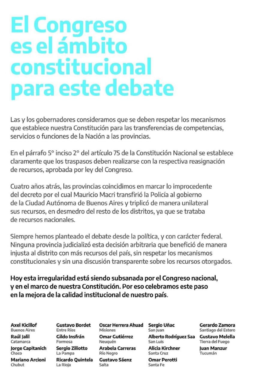 La solicitada de los gobernadores por la coparticipación que se difundió