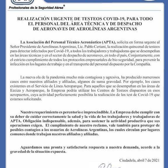 Comunicado de la Asociación del Personal Técnico Aeronáutico (APTA) por el paro en Aerolíneas Argentinas. (Twitter/AptaOficial)