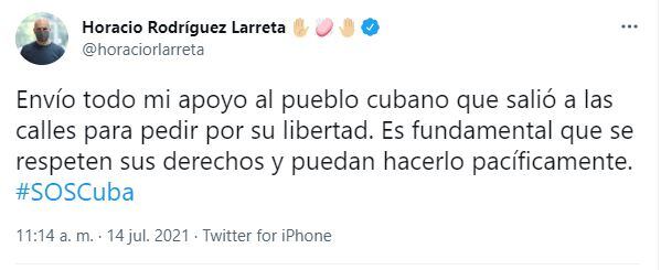 Horacio Rodríguez Larreta, jefe de Gobierno porteño, expresó su apoyo al pueblo cubano en relación a las protestas contra el presidente Miguel Díaz-Canel.