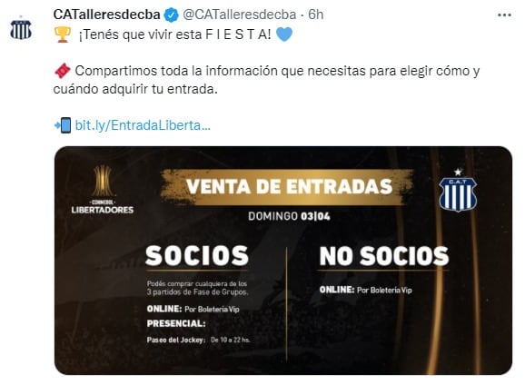 Continúa la venta de entradas para socios y no socios, para el debut de Talleres en Libertadores.