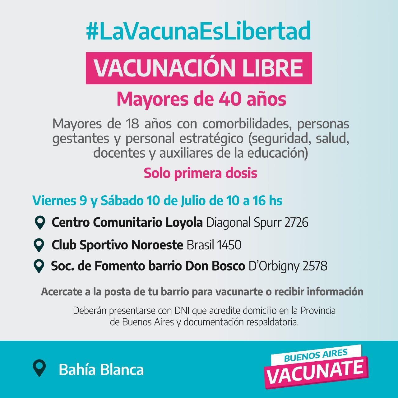 Dos días de vacunación libre en Bahía para los mayores de 40 años