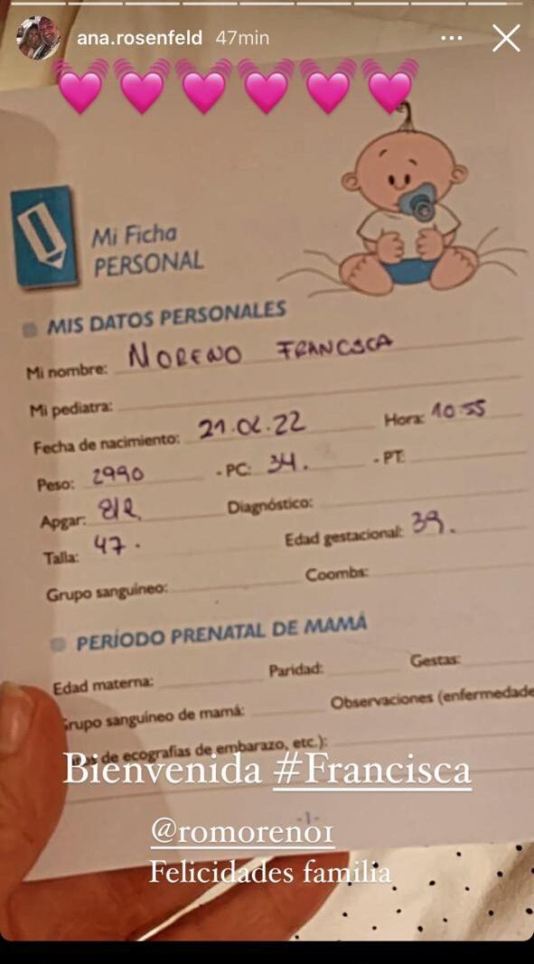 Paulo Londra y Rocío Moreno, papás por segunda vez. La niña fue anotada como Francisca Moreno, el apellido de la madre.