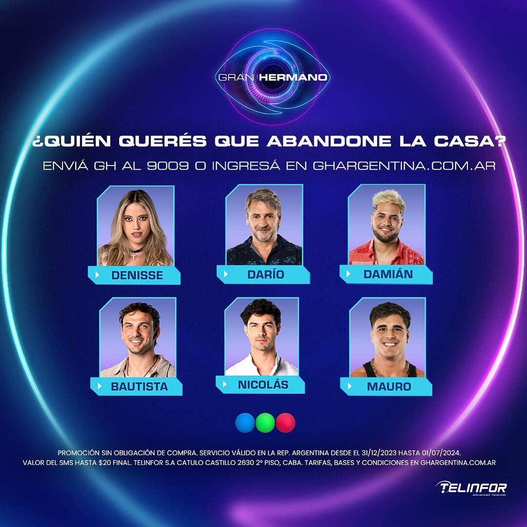 Los seis participantes nominados en Gran Hermano 2024 son: Denisse, Darío, Damián, Bautista, Nicolás y Mauro.