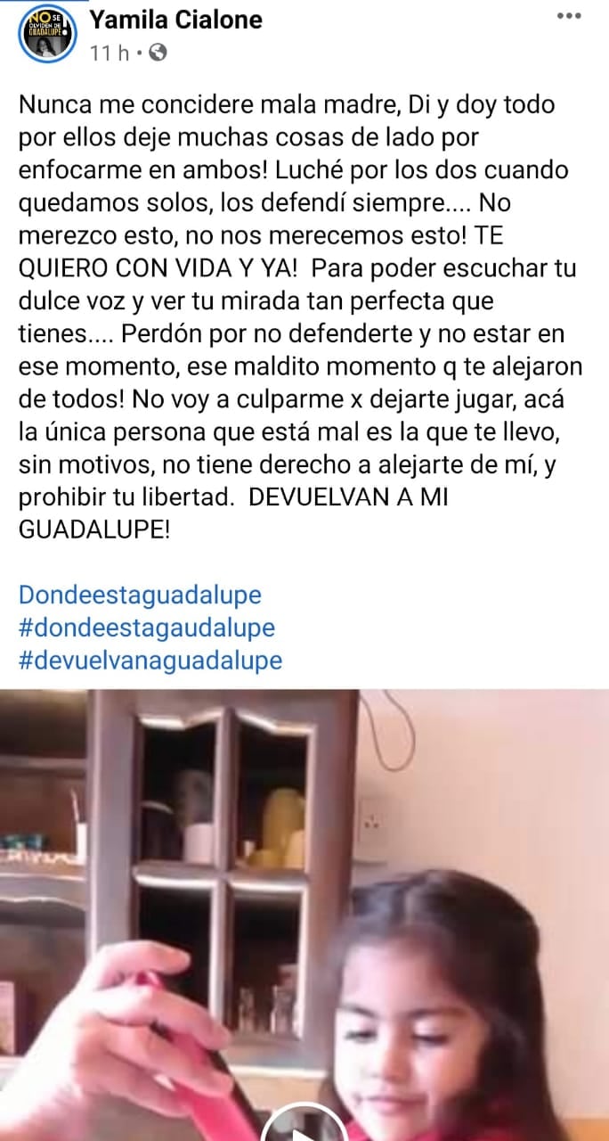 La mamá de Guadalupe difundió un nuevo video de la pequeña y pidió que aparezca sana ya.