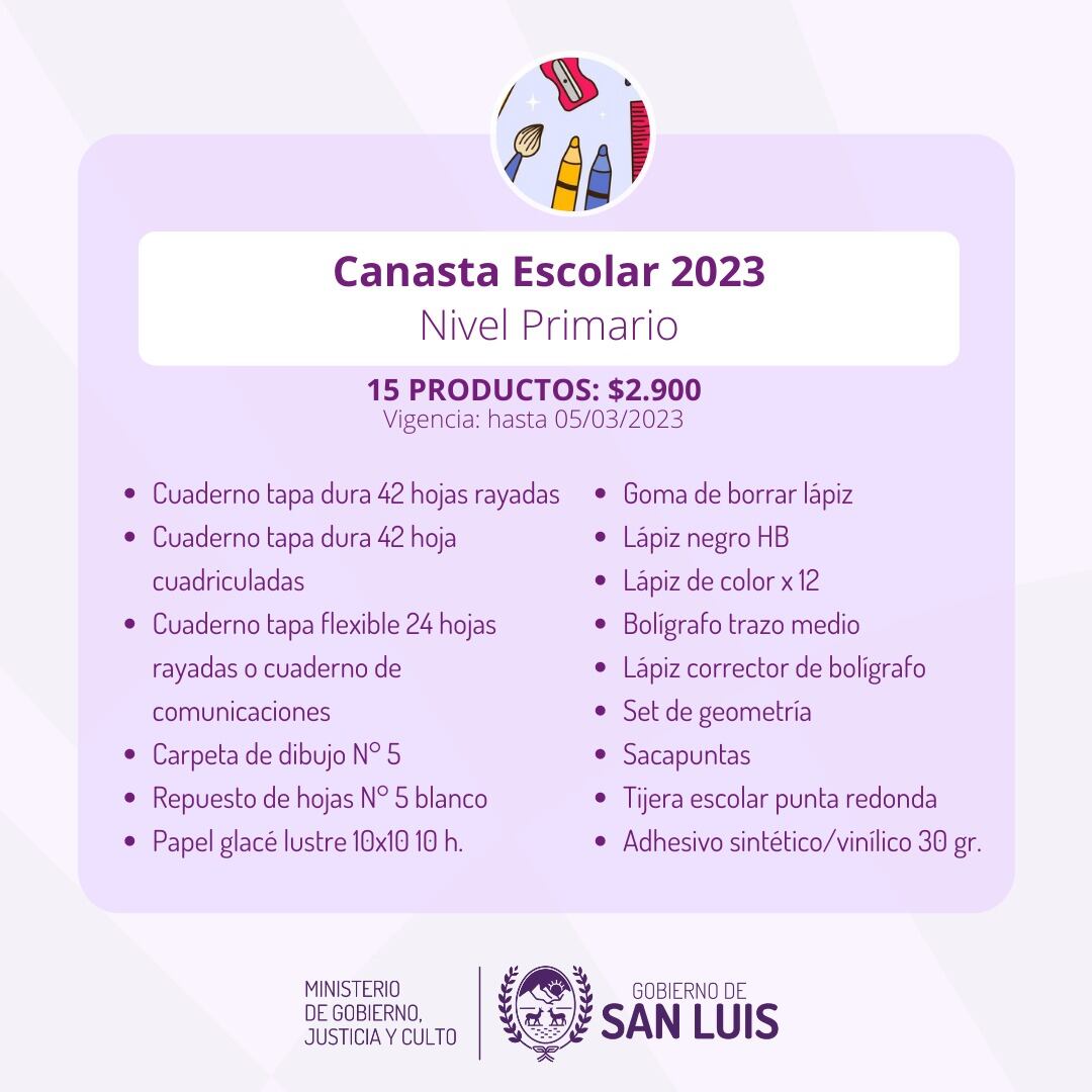 Productos de la Canasta Escolar a $2.900 en San Luis.