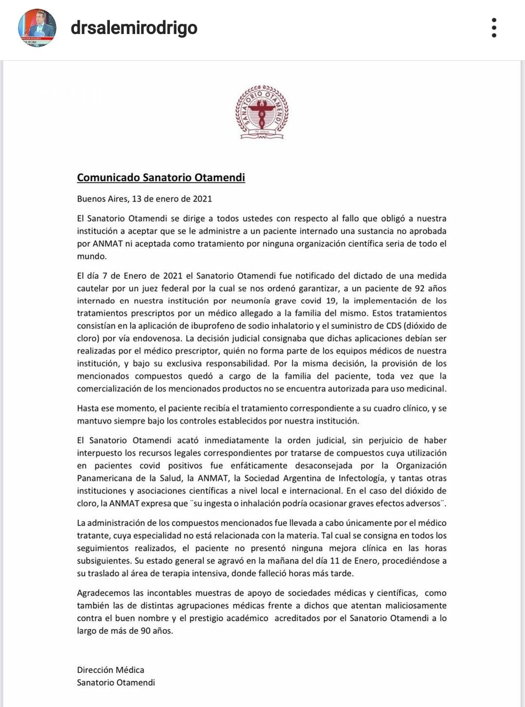 Comunicado del Sanatorio Otamendi por el caso del paciente tratado con dióxido de cloro.