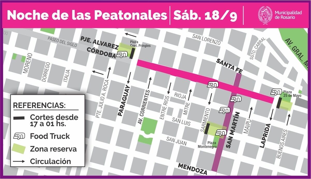 Cortes de tránsito por la Noche de las Peatonales