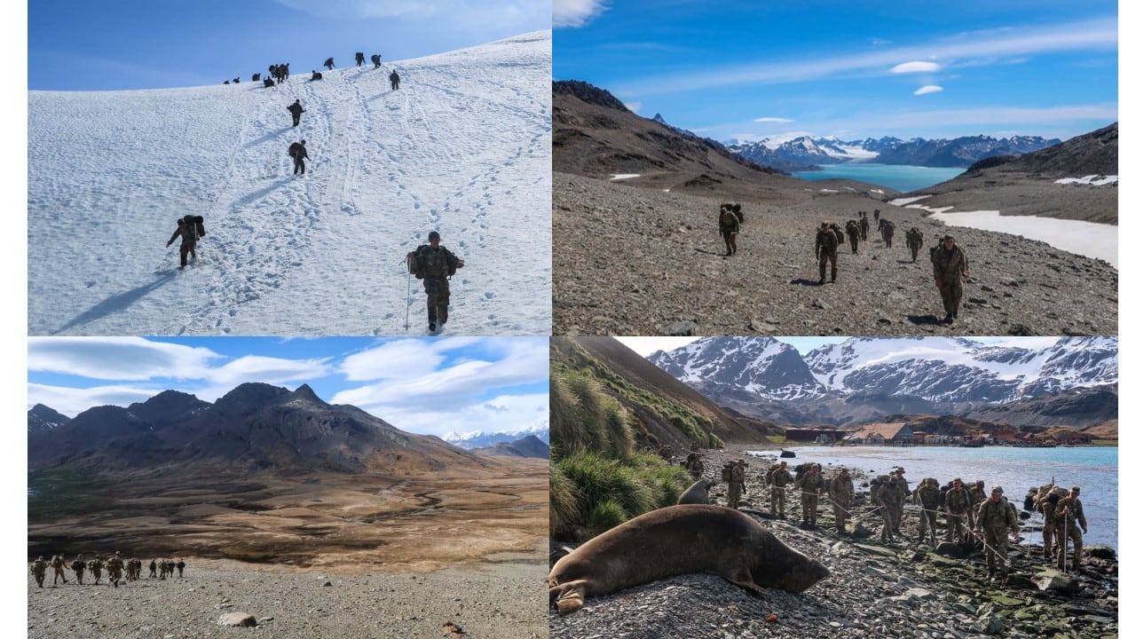 Soldados del Ejército Británico realizando expedición por islas Georgias del Sur.