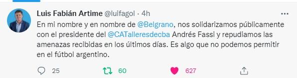 Luis Fabián Artime, presidente de Belgrano, respaldó a Andrés Fassi.