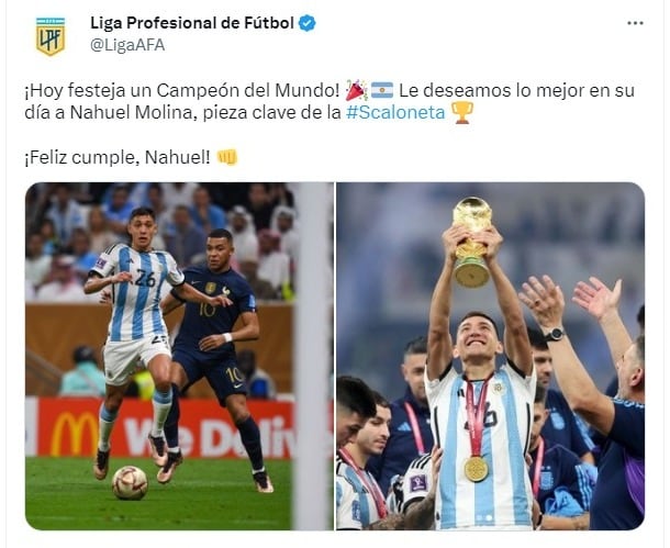 El saludo de Liga Profesional para el lateral cordobés de 25 años.