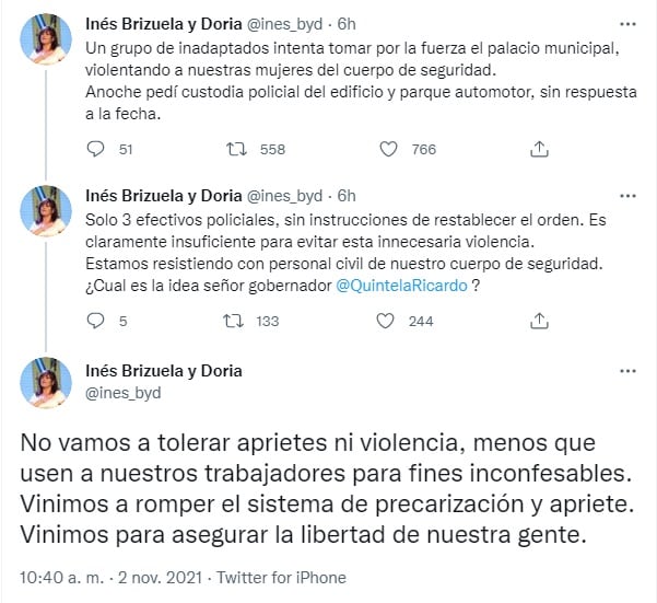 Los mensajes de la intendenta de La Rioja. (Twitter: @ines_byd)