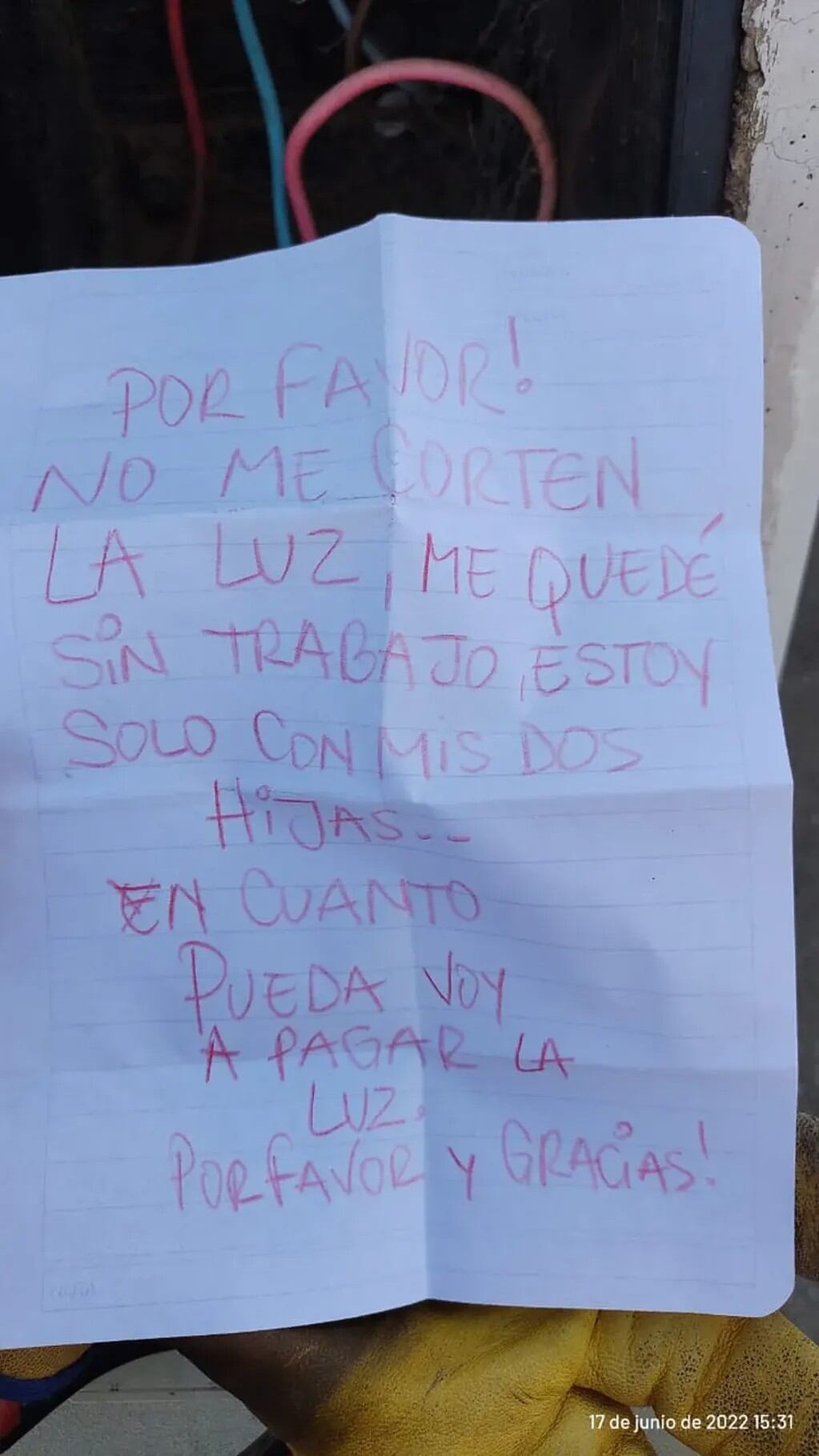 Carta encontrada por un trabajador de Edesal en La Punta, San Luis