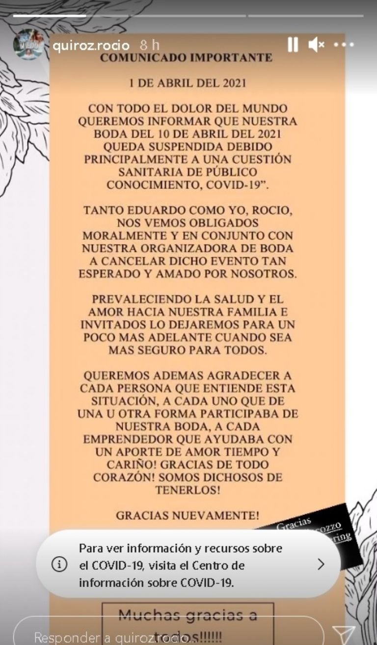 El anuncio sobre la suspensión del casamiento.