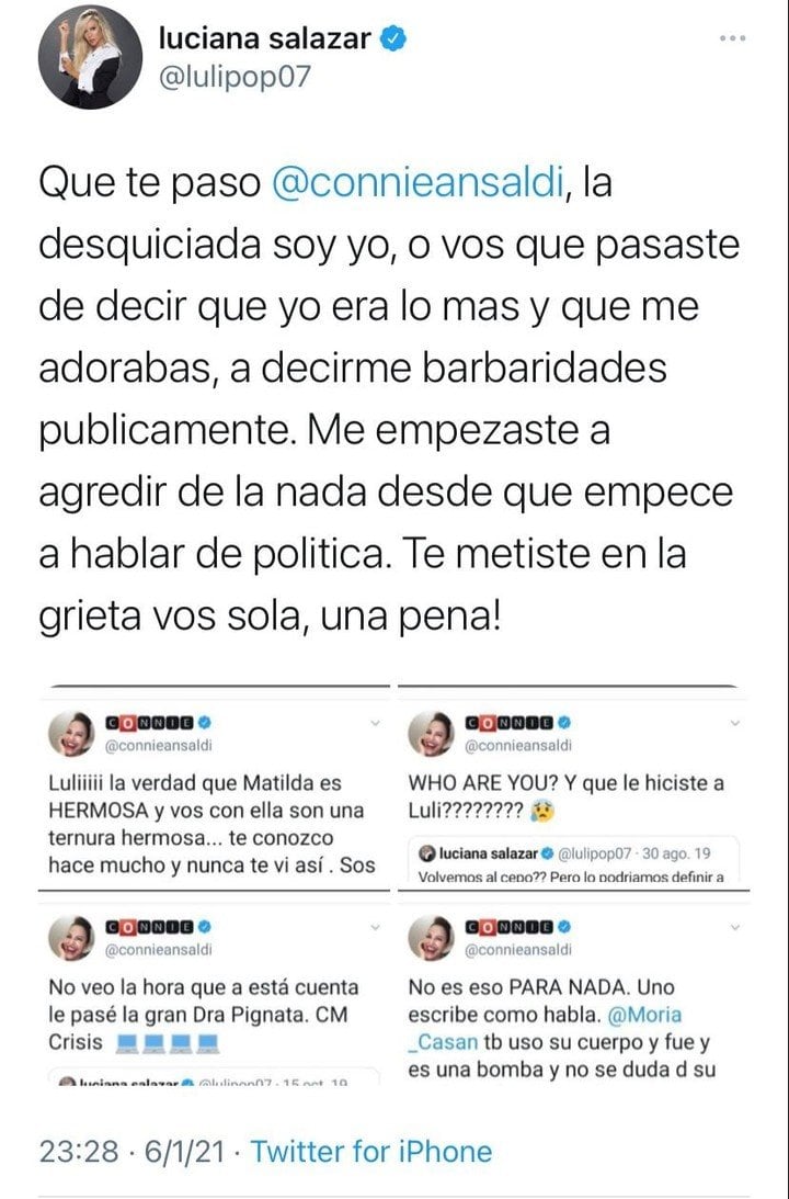 El mensaje de la modelo junto a varias capturas que compartió de Connie.