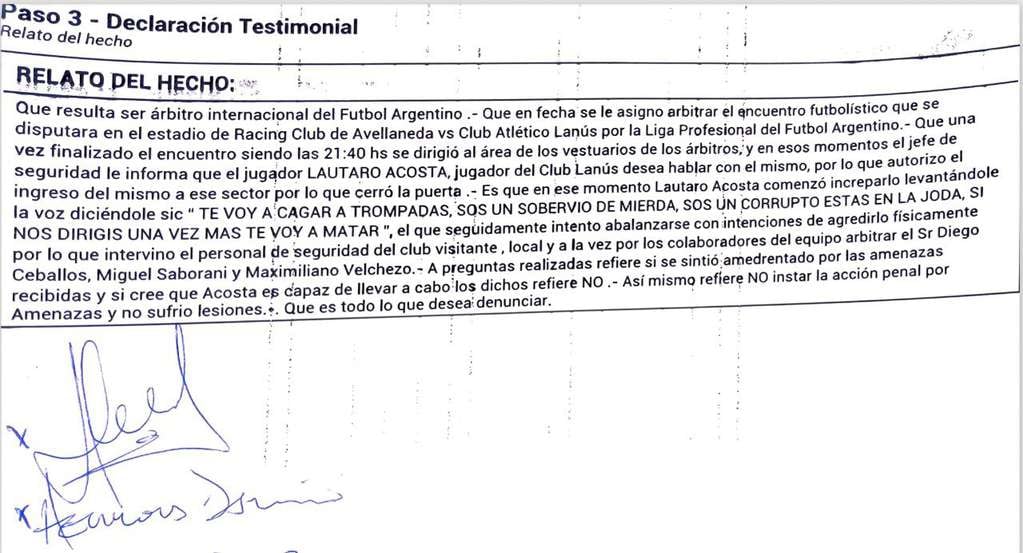 La denuncia de Darío Herrera contra Lautaro Acosta donde relata las amenazas de muerte