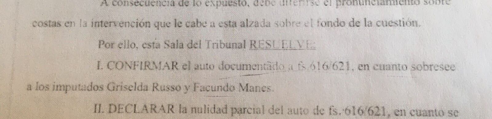 Resolución de la Cámara del Crimen que confirma el sobreseimiento de Manes.