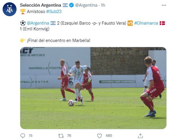 La Selección Argentina Sub-23 venció 2-1 a Dinamarca.