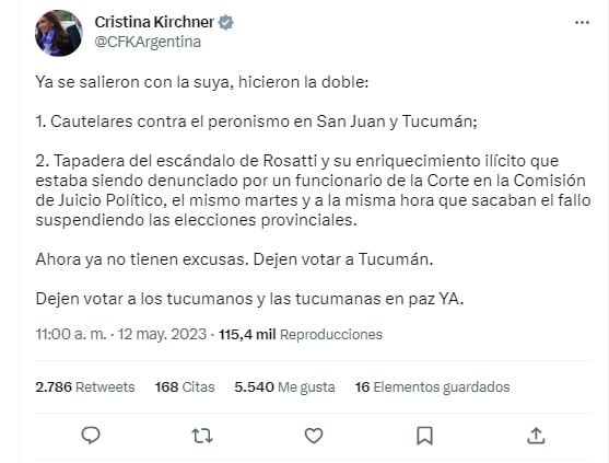 Cristina Kirchner volvió a cargar contra la Corte Suprema: "Ya se salieron con la suya" (Twitter)