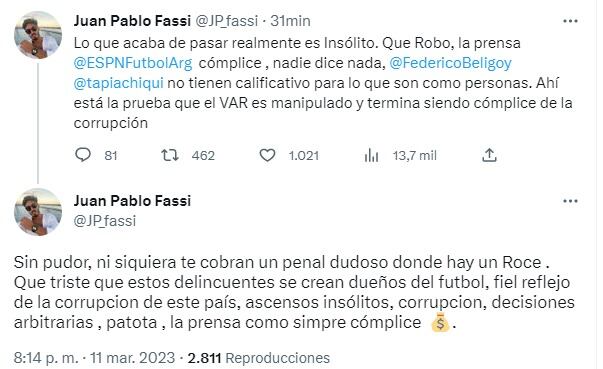 La furia del hijo de Andrés Fassi, por los errores arbitrales en contra de Talleres.