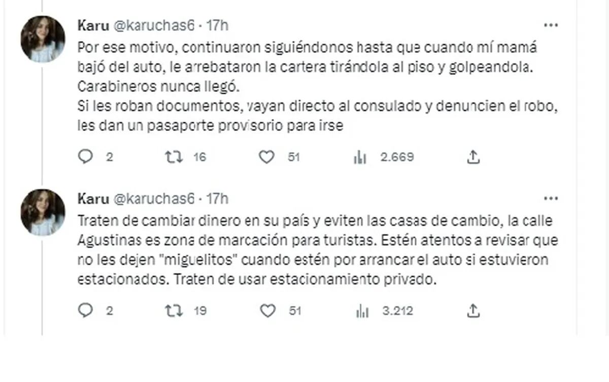 Testimonio de una usuaria mendocina de Twitter sobre cómo le robaron a ella y su mamá.