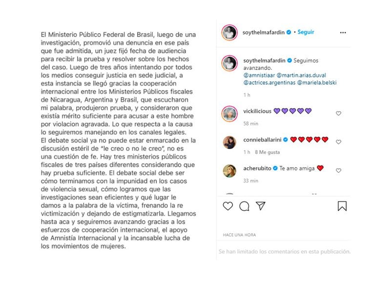 El comunicado de Thelma Fardin