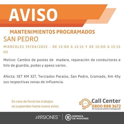 Energía de Misiones realizará trabajos de mantenimiento en San Pedro y Pozo Azul.