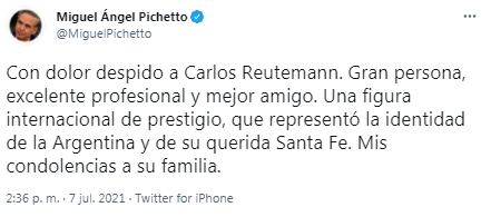 Miguel Ángel Pichetto se despidió de Carlos Reutemann a través de las redes sociales