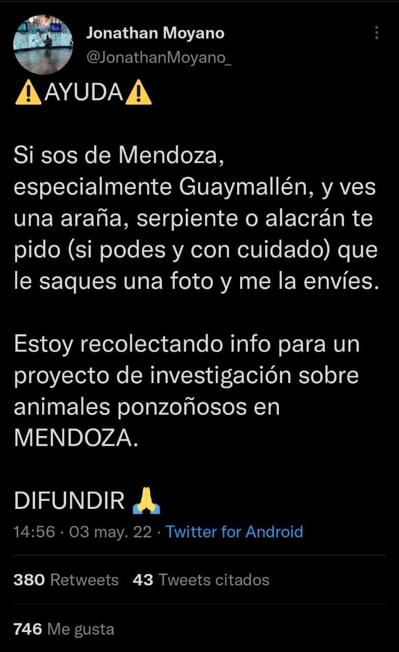 Pedido de imágenes de animales ponzoñosos de un mendocino por Twitter.