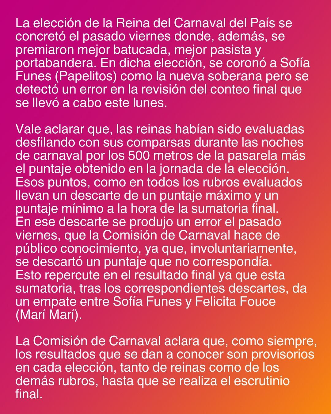 Comunicado de Comisión Carnaval Gualeguaychú