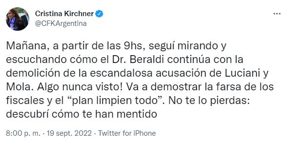 Cristina Kirchner pidió que escuchen la audiencia de este martes.