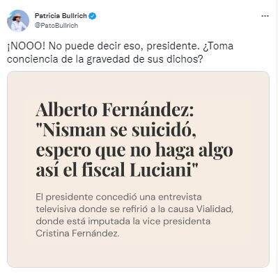 El tuit de Patricia Bullrich.