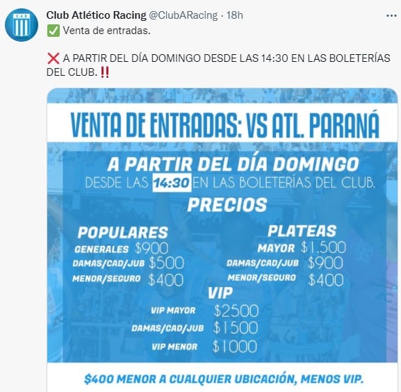 Los precios de entradas para acompañar a Racing en su debut en el Federal A.