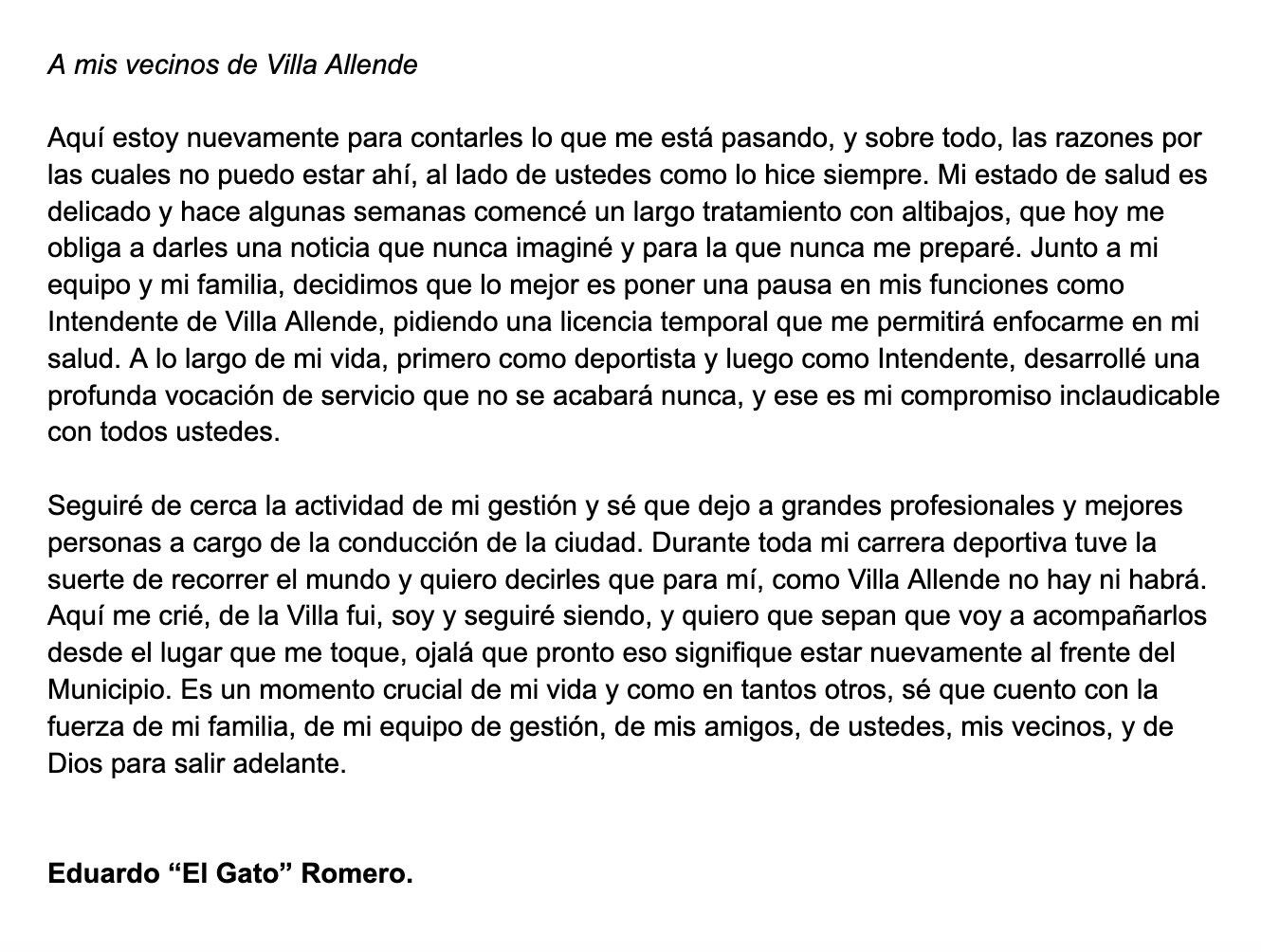 El comunicado que el "Gato" Romero publicó en sus redes sociales.