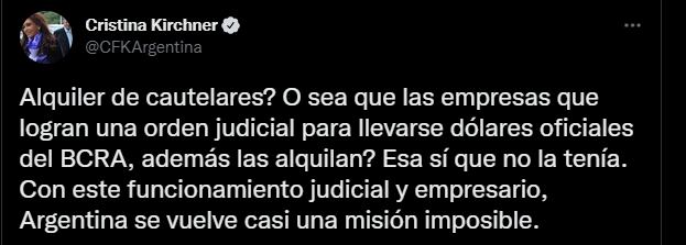 Cristina Kirchner cruzó por el "alquiler de cautelares" para importar.