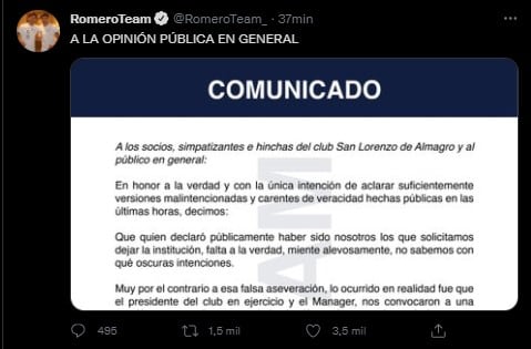 El tuit con el comunicado de los hermanos Romero.