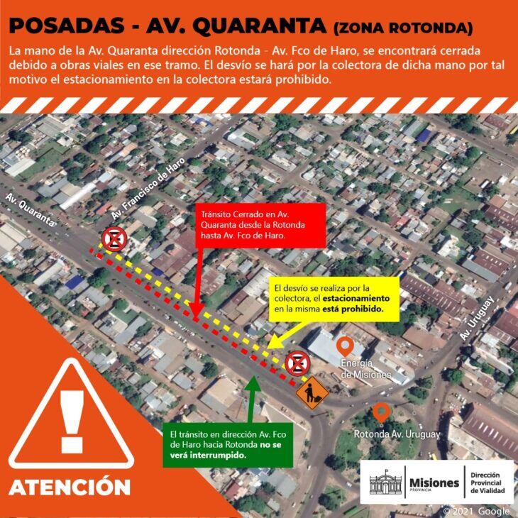 Se mantiene el tránsito reducido en Avenida Quaranta por obras de Travesía Urbana