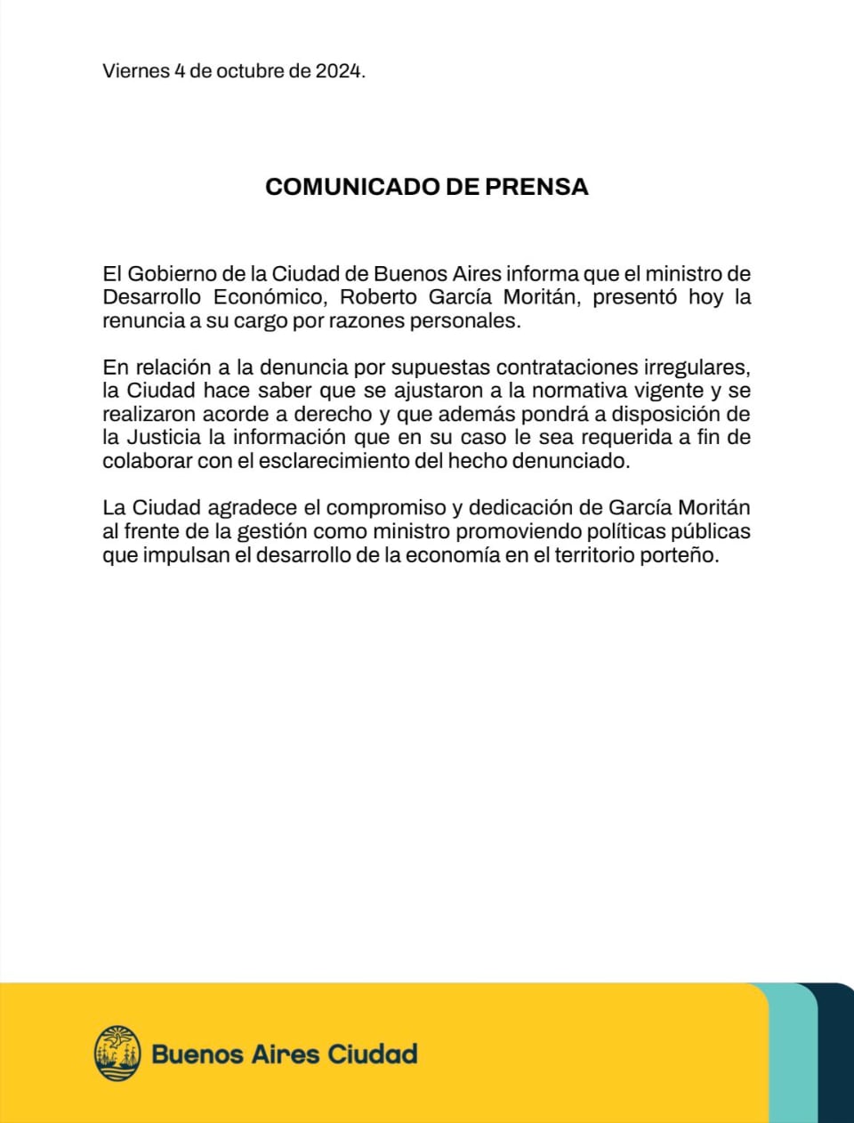 El comunicado a través de el cual el Gobierno de la Ciudad de Buenos Aires informó la desvinculación de Roberto García Moritán del Ministerio de desarrollo económico. (Foto: X)