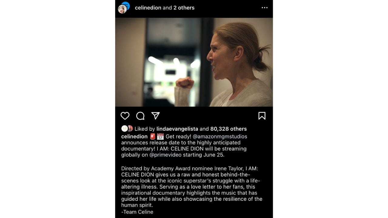 Publicación de Céline Dion con Amazon MGM que anuncia el documental.