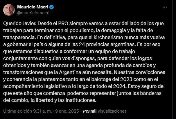 El mensaje de Mauricio Macri para Javier Milei