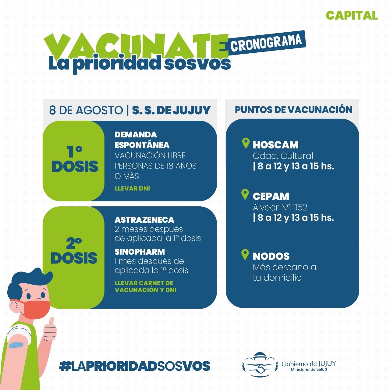 Este domingo se atenderá en el Hospital de campaña de la Ciudad Cultural y en el CEPAM de la calle Alvear, en doble turno. También se vacunará en los CAPS de los barrios.