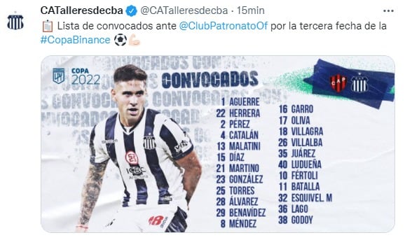 La lista de Hoyos para la visita de Talleres a Patronato. Con los últimos cuatro refuerzos.