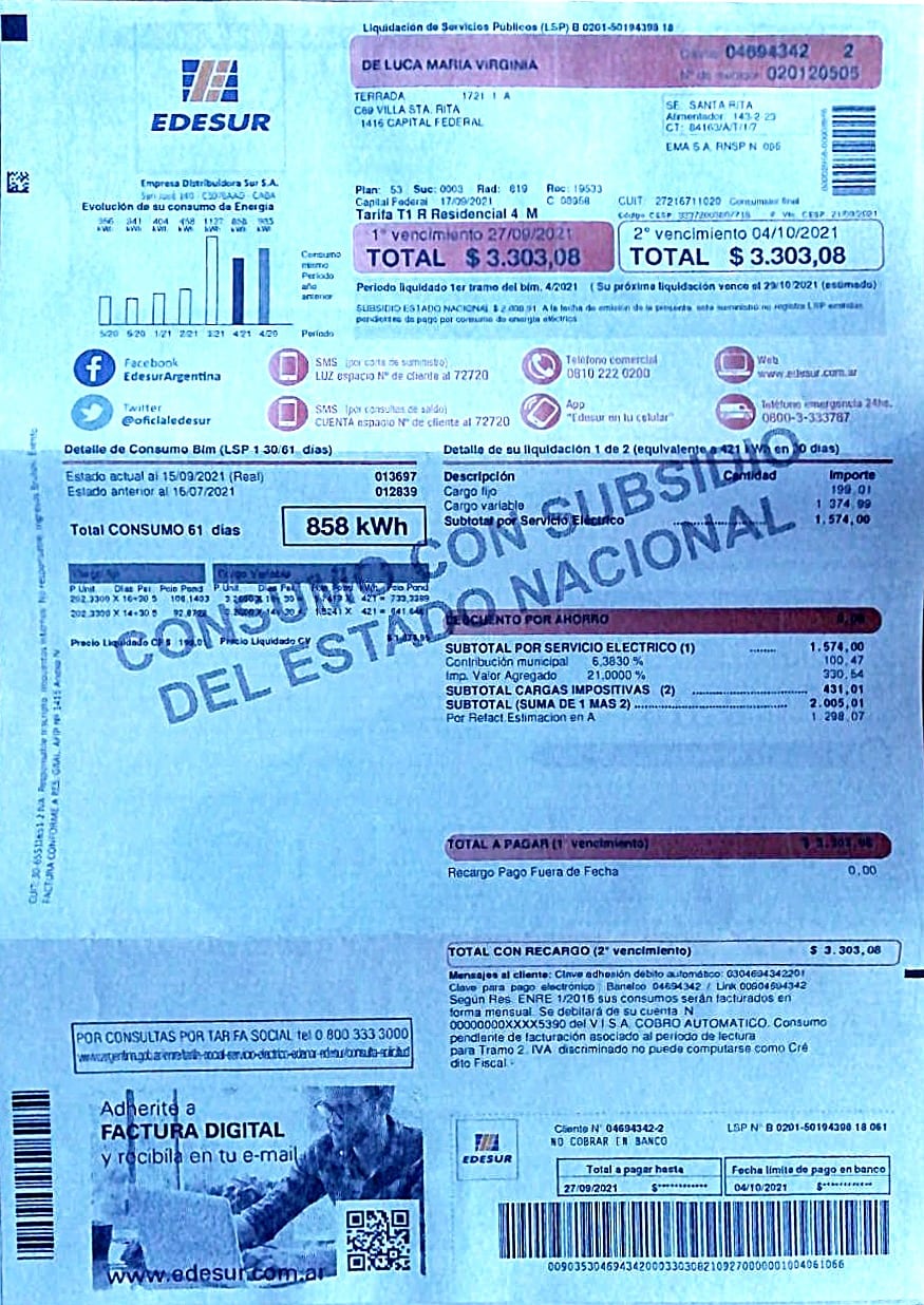 Bº Palermo (Bs As). Cobró Edesur por un consumo de 858 kWh en el mes.