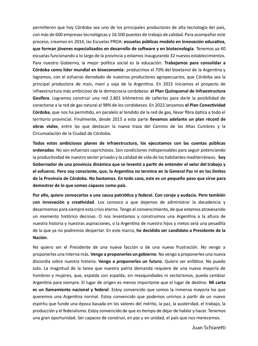 El segundo texto del mensaje de Schiaretti.