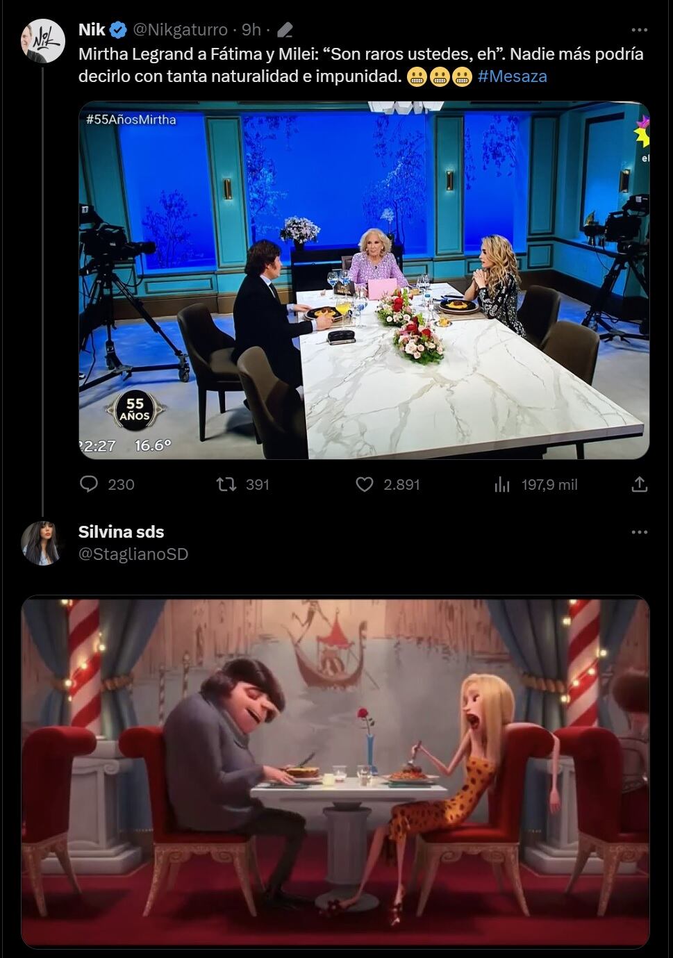 Mirtha Legrand se sinceró con Fátima Flores y Javier Milei y hubo memes: “Son raros ustedes” (Captura de pantalla)