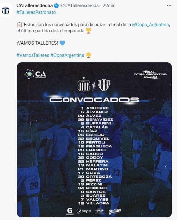 La lista de concentrados en Talleres para la final de este domingo con Patronato.