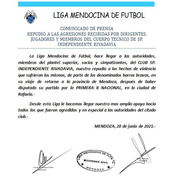 Comunicado Liga Mendocina de Fútbol.