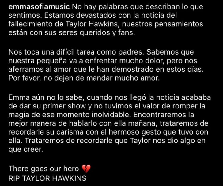 La conmoción de los padres de Emma Sofía, la niña fan de Taylor Hawkins.